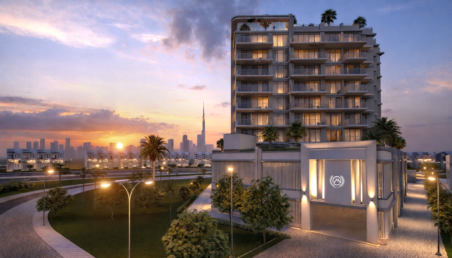 Completed residential landmark by Mokaab, Dubai skyline at dusk